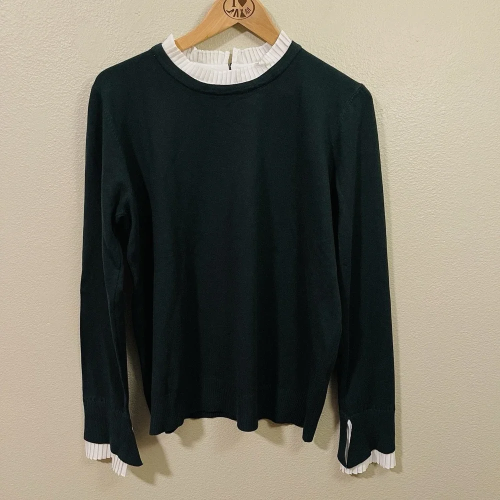 Vila Milano Green Knit Sweater Pleated Mock Neck Cuffs Victorian Wool Blend XL
